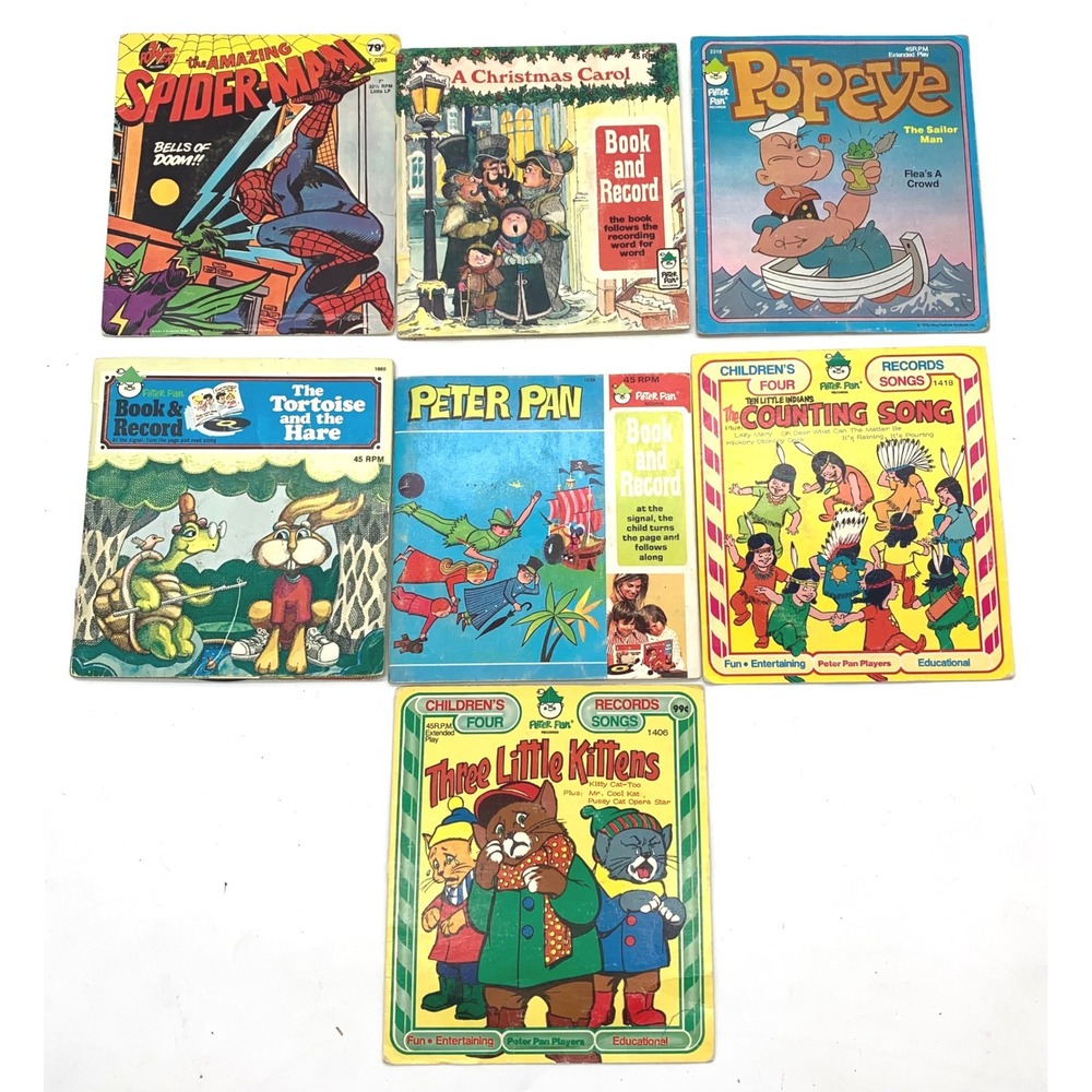 Peter Pan Power Records Kids Vintage 7in Vinyl Lot 7 Spider-Man Popeye Stories